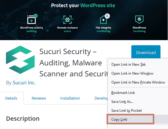 Copy the download link to obtain the zip file location for a plugin